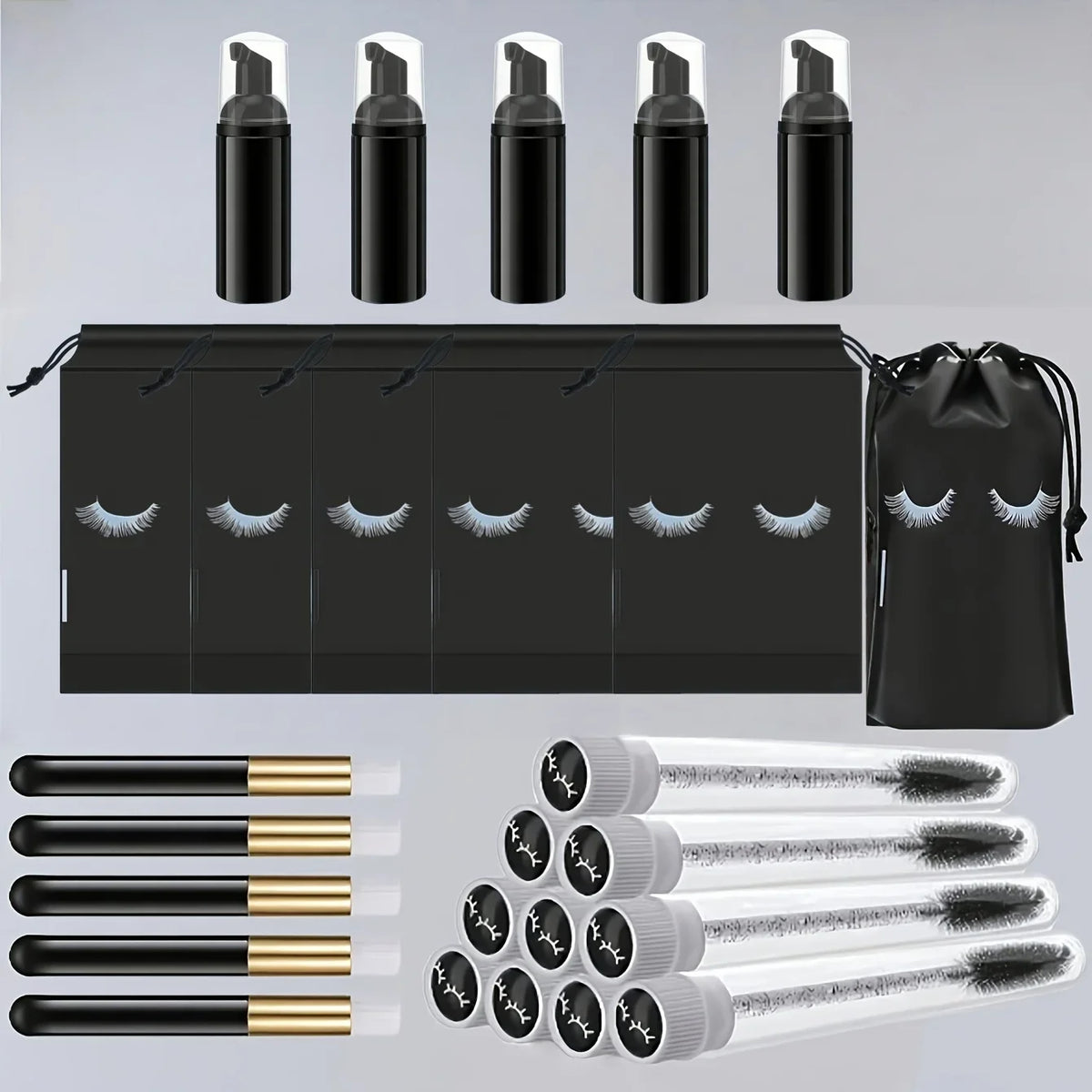 20Pcs Lash Care Kit - 5 Foam Pumps + 5 Detail Brushes + 5 Wand Applicators + 5 Storage Bags | Salon Hygiene Travel Set