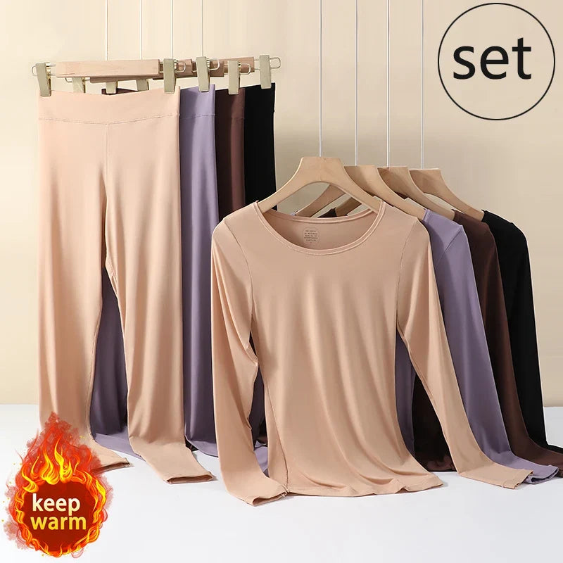 Winter Thermal Pairing Hyaluronic Acid Skincare Shirts Ultra-Thin High-Elastic Long Sleeve Underwear Women's Base Layer Sets