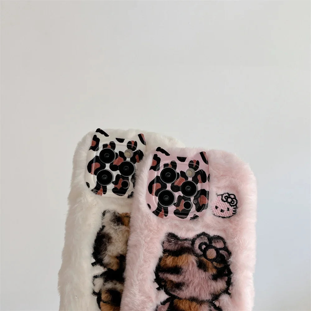 Cartoon Fluffy Hello Kitty Plush Cat Ears Phone Case