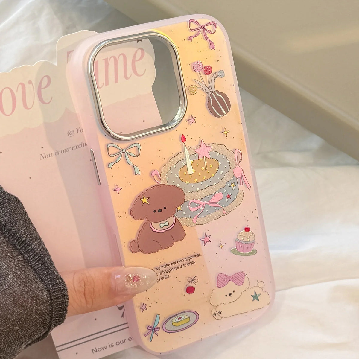 Korean Gilding Laser Cute Cartoon Dessert Cake Puppy Phone Case For iPhone
