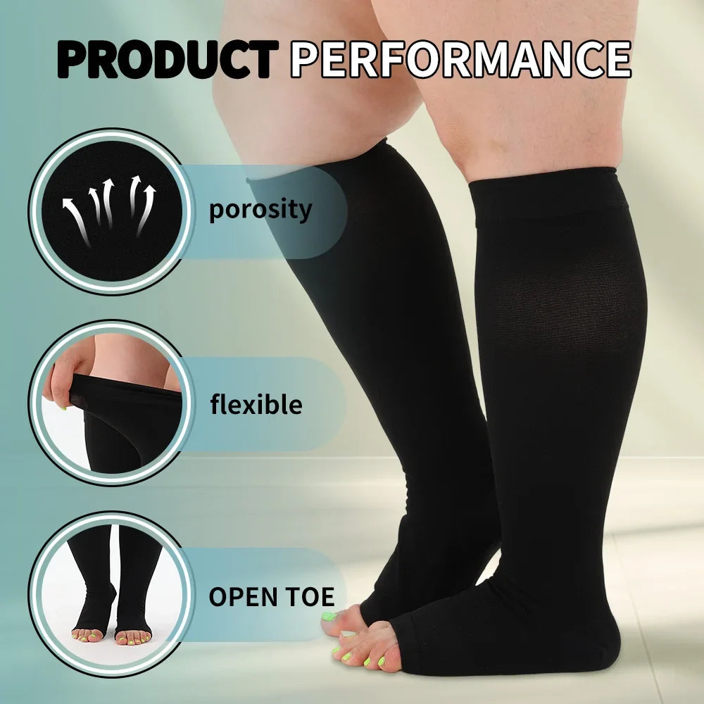 Legbeauty Plus Size Compression Socks Women Wide Calf Open Toe Graduated Medical Support Stockings Toeless Flight Pressure Socks