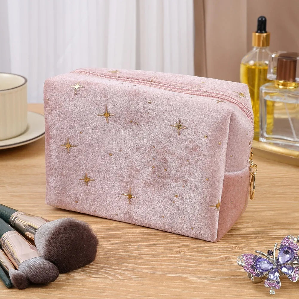 Trendy Large Capacity Corduroy Makeup Bag Travel Printed Toiletry Organizer Bag Makeup Brush Skincare Storage Bag for Women