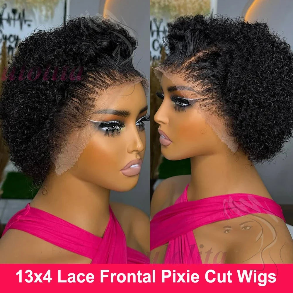 Pixie Curls 100% Human Hair 13x4 Lace Frontal Wigs Pixie Cut Short Bob Human Hair Wig Transparent Lace Front Human Hair Wig