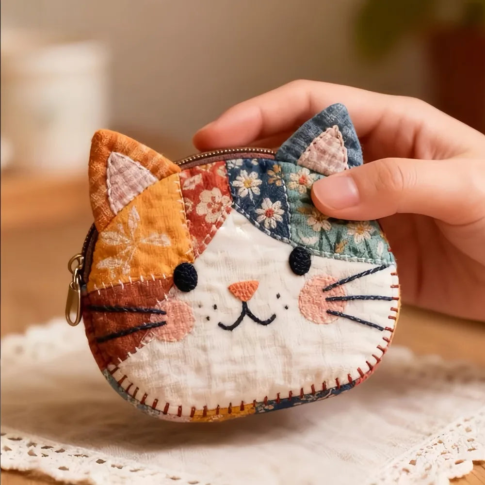 Waterproof Patchwork Coin Purse Cat Zipper Design Small Cosmetic Pouch Makeup Bag Home Travel