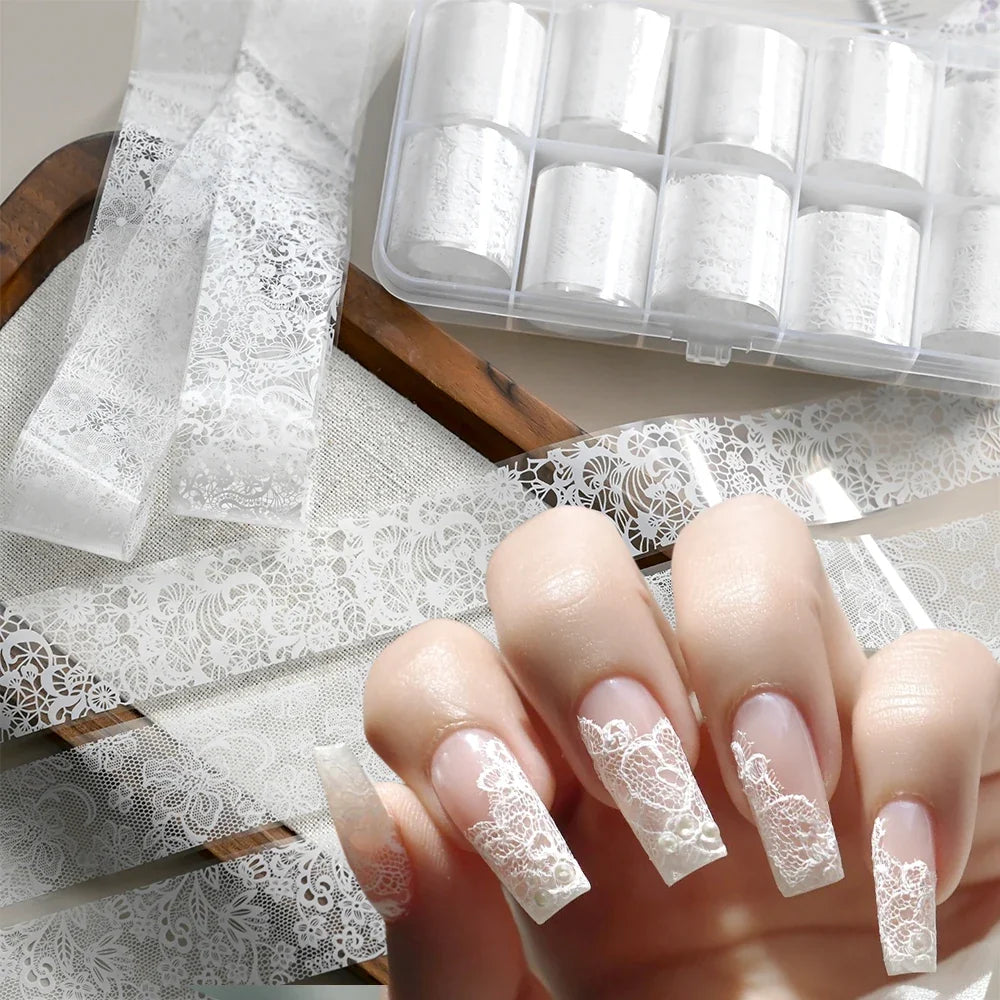 10 Rolls 2.5*50cm Black White Lace Nail Transfer Foil Lace Flower Nail Art Sexy Full Wraps Floral Transfer Paper Nail Decoration