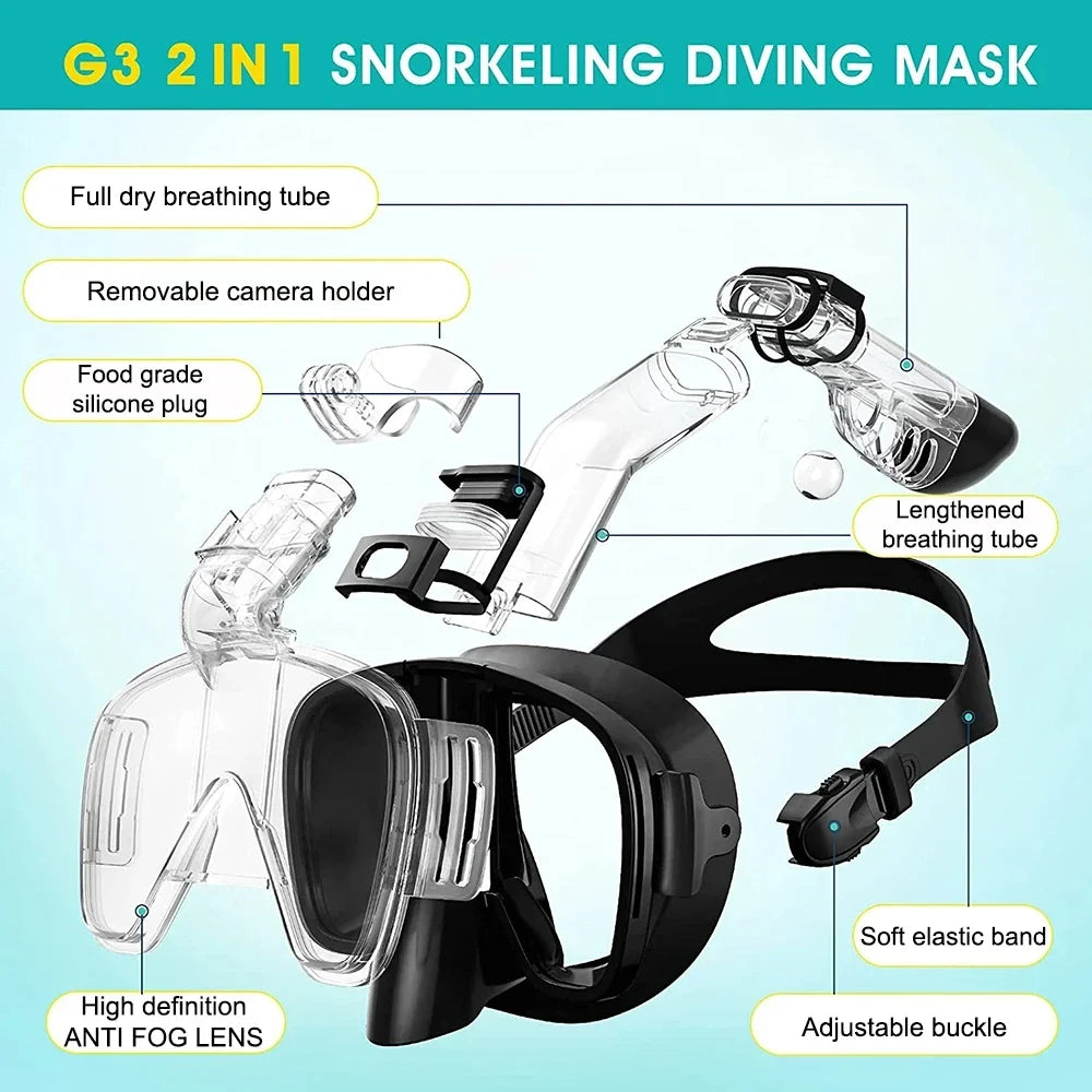 Snorkel and Diving Mask Foldable Anti-Fog Diving Mask Set with Full Dry Top System Adults Diving Goggles Diving Camera Support
