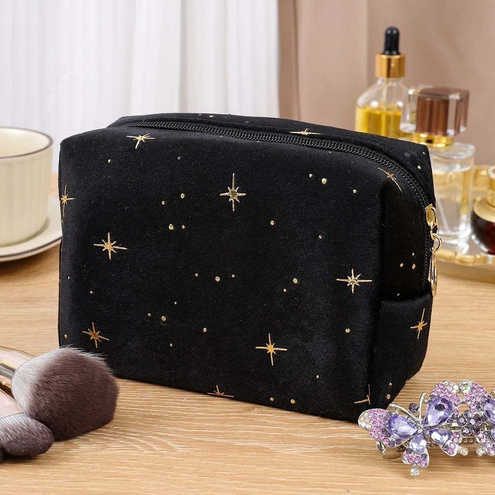 Trendy Large Capacity Corduroy Makeup Bag Travel Printed Toiletry Organizer Bag Makeup Brush Skincare Storage Bag for Women