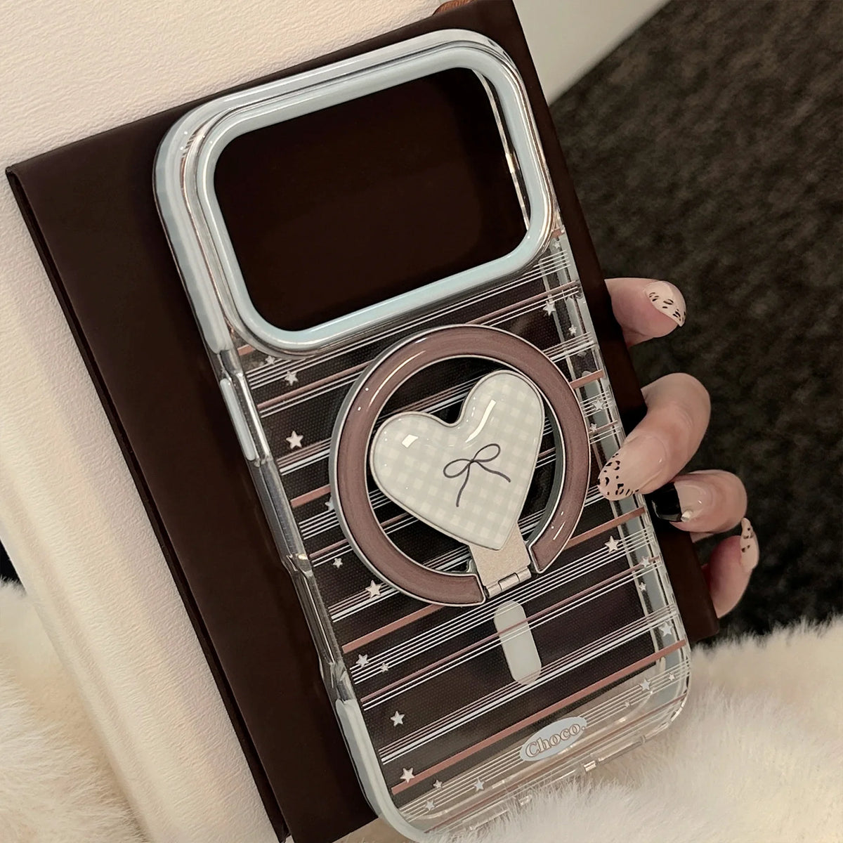 Korean Striped Stars Fold Love Heart Bow Bracket Magnetic Phone Case For iPhone