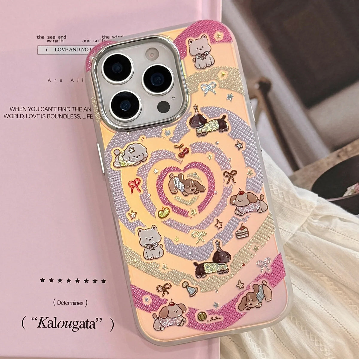Korean Gilding Laser Colorful Love Heart Cartoon Puppy Phone Case For iPhone