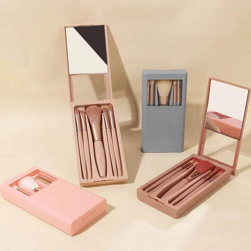 5Pcs Portable Makeup Brush Set With Mirror - Foldable Travel Kit ，Mini Makeup Brush Set Travel Makeup Brush Set