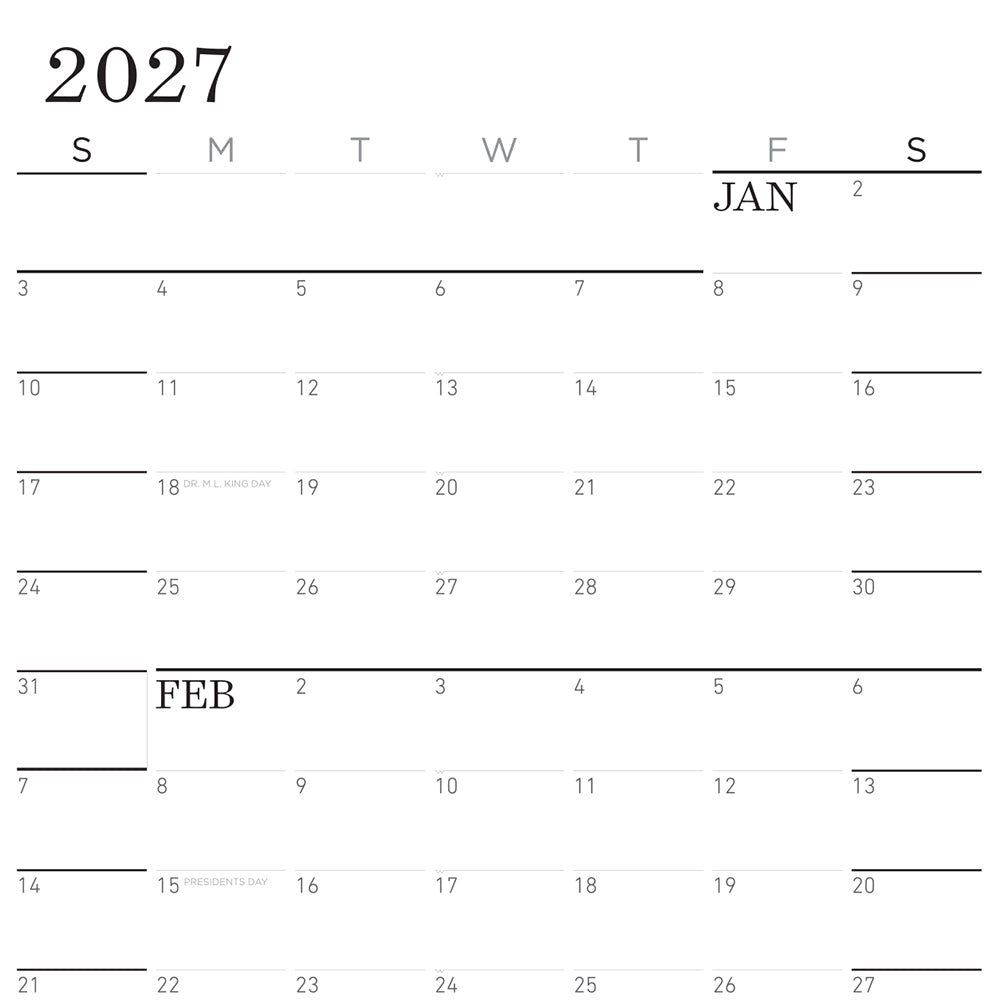 Sunday Monochrome Large Wall Calendar (27x39)
