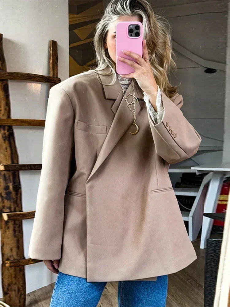 Women's V-Neck Side-Buttoned Suit Jacket Long Sleeve Solid Color Coats Pocket Cuffs Oversize Tops High Street Female Clothes