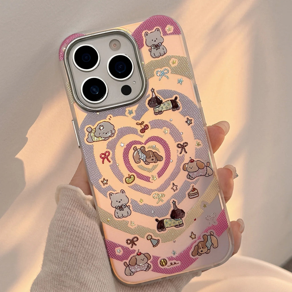 Korean Gilding Laser Colorful Love Heart Cartoon Puppy Phone Case For iPhone