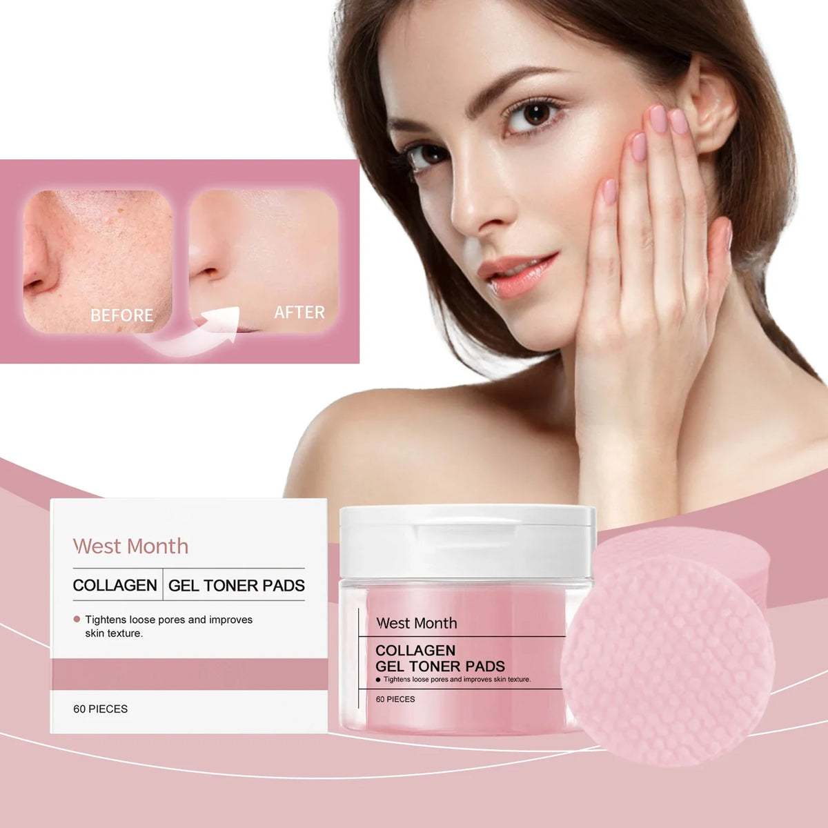 WEST MONTH Collagen Gel Toner Pads Provide Deep Moisturizing and Comfortable Feeling Enhance Skin Elasticity and Firming Effect
