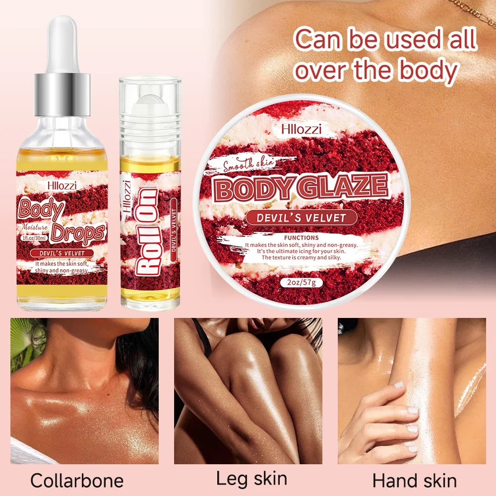 The Devil Velvet Body Oil and Gloss Set includes a free rollerball applicator for long-lasting hydration and moisturizing,