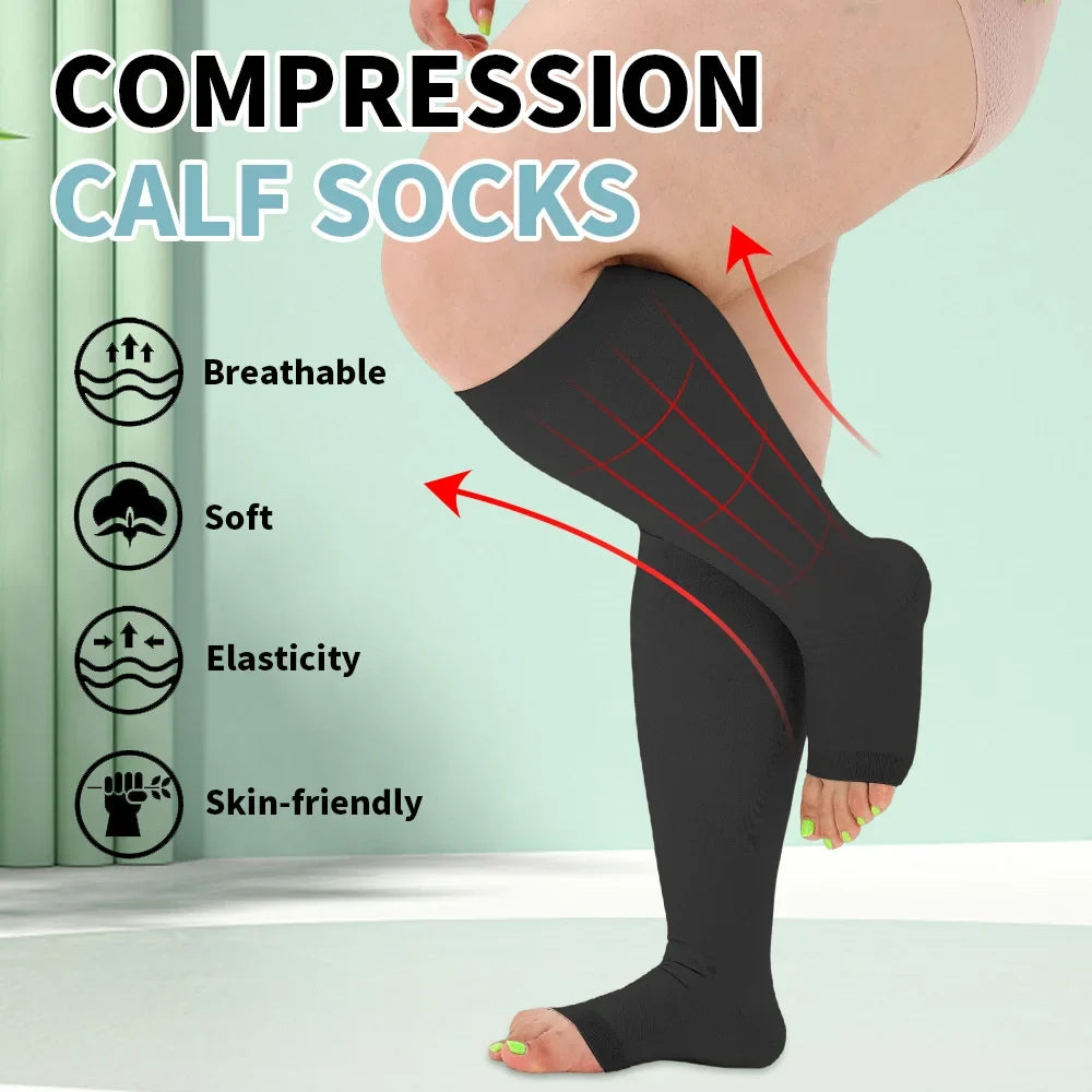 Legbeauty Plus Size Compression Socks Women Wide Calf Open Toe Graduated Medical Support Stockings Toeless Flight Pressure Socks