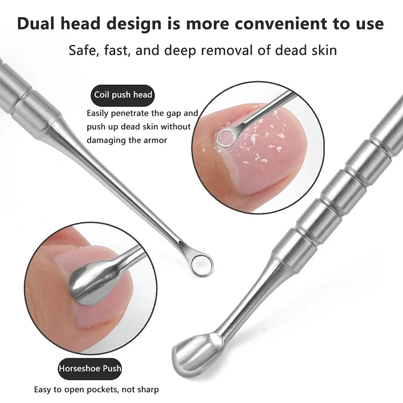 Stainless Steel Double-Ended Nail Care Tool Cuticle Pusher Remover Manicure Cleaner Circle & Horseshoe Header
