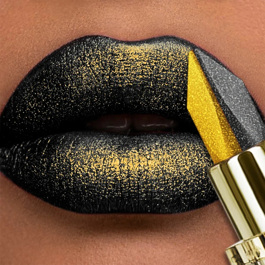 1PC Metallic Finish Lipstick Glitter Black&yellow Two Tone High Pigment Lip Tint  Korean Makeup Hydrating Shine Cosmetic Gifts