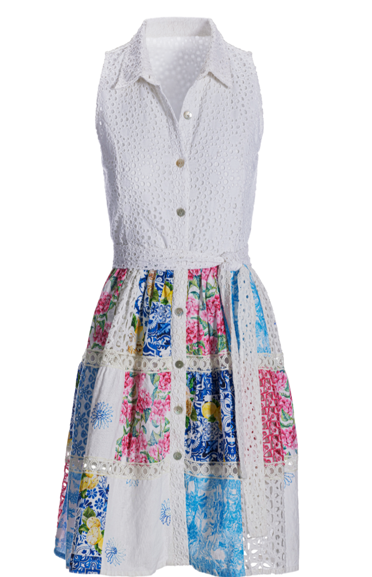 Boston Proper Mixed Media Eyelet Patchwork Print Fit and Flare Dress, Size M