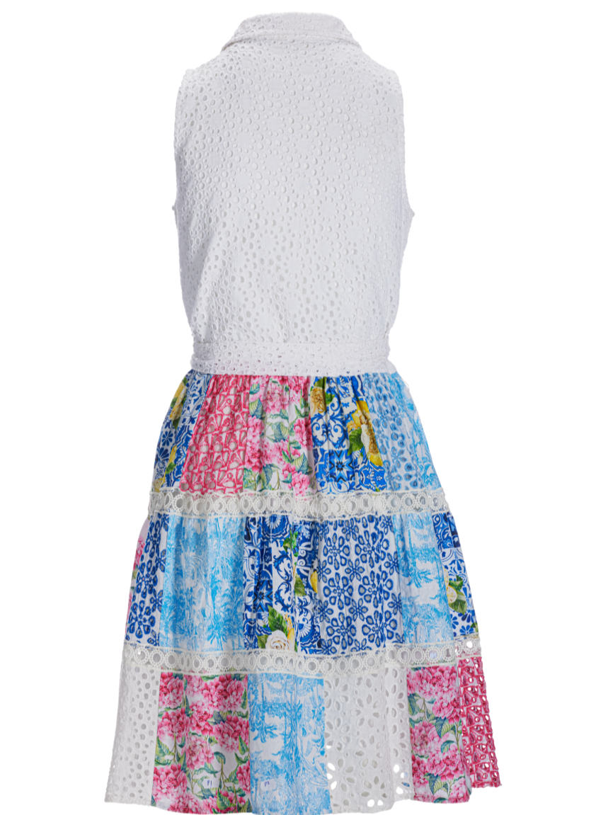 Boston Proper Mixed Media Eyelet Patchwork Print Fit and Flare Dress, Size M