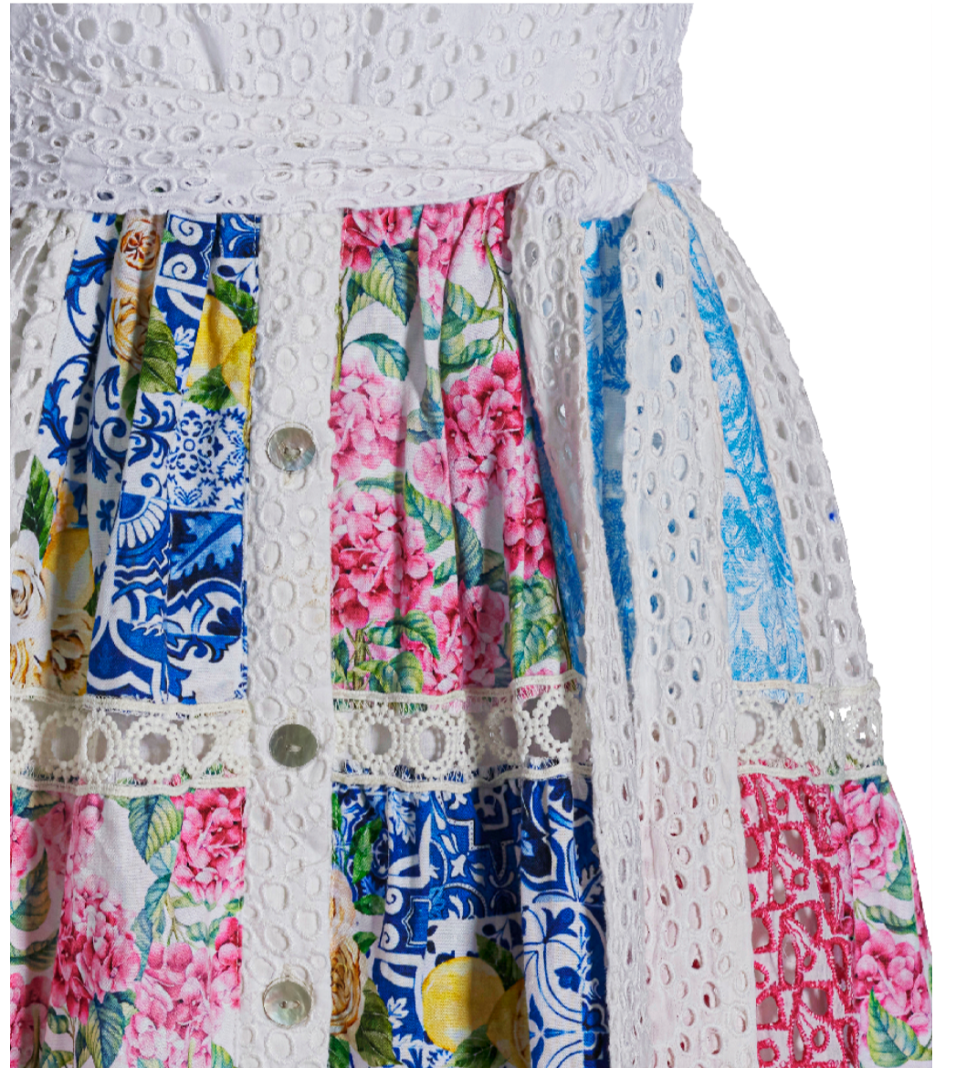 Boston Proper Mixed Media Eyelet Patchwork Print Fit and Flare Dress, Size M