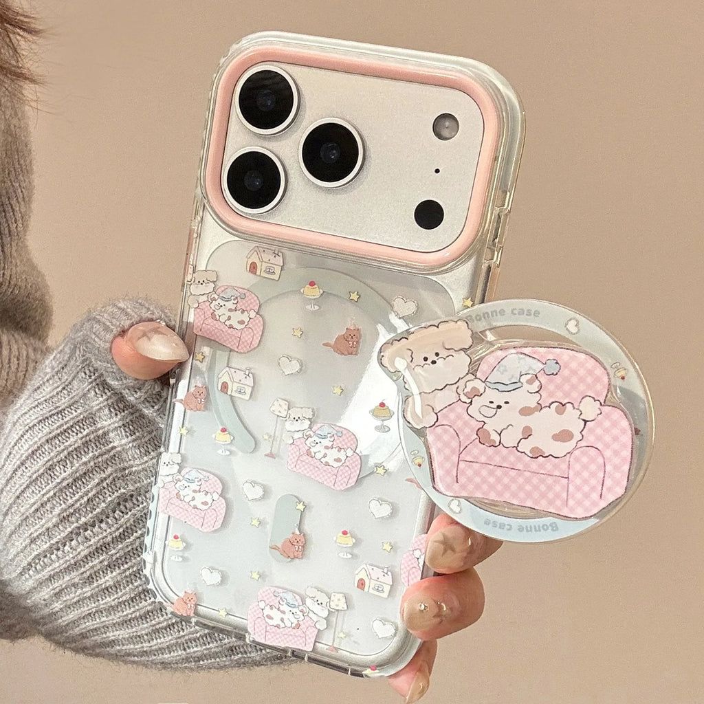 Korean Cartoon Pink Sofa Puppy House Holder Magnetic Phone Case For iPhone
