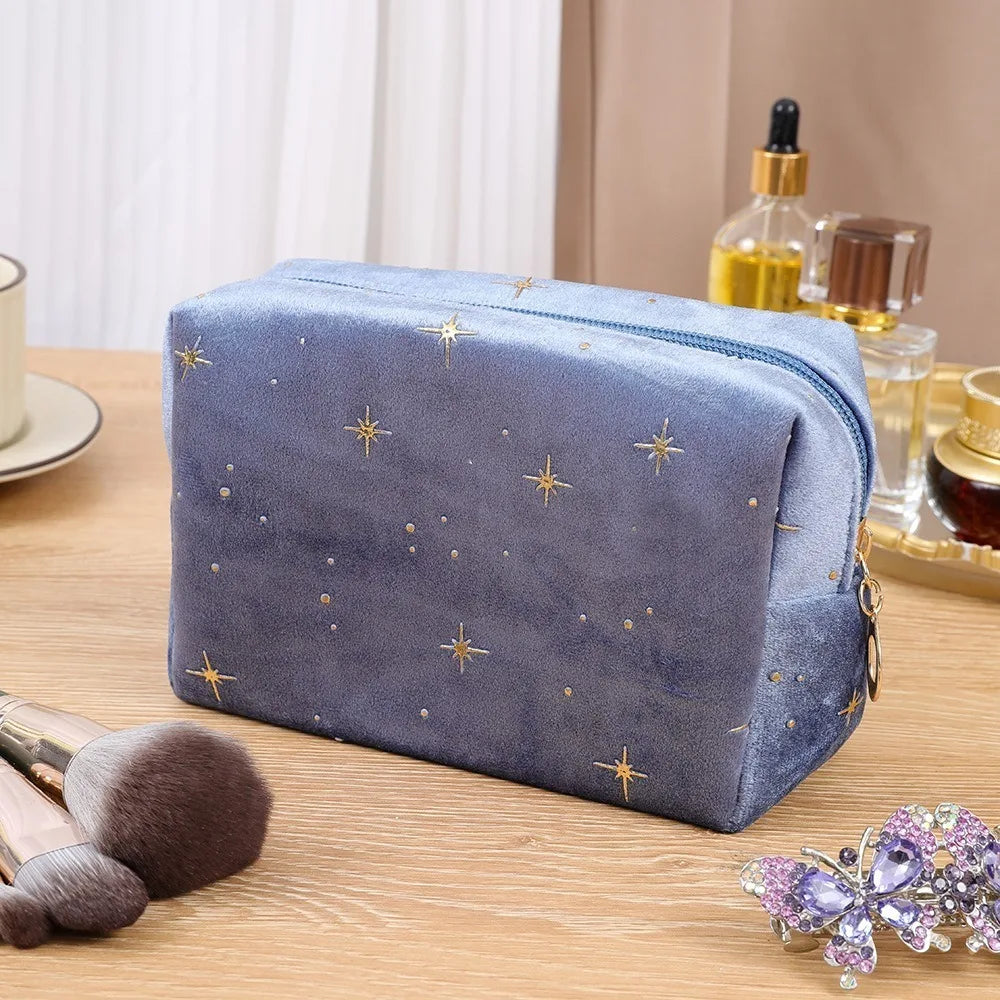 Trendy Large Capacity Corduroy Makeup Bag Travel Printed Toiletry Organizer Bag Makeup Brush Skincare Storage Bag for Women