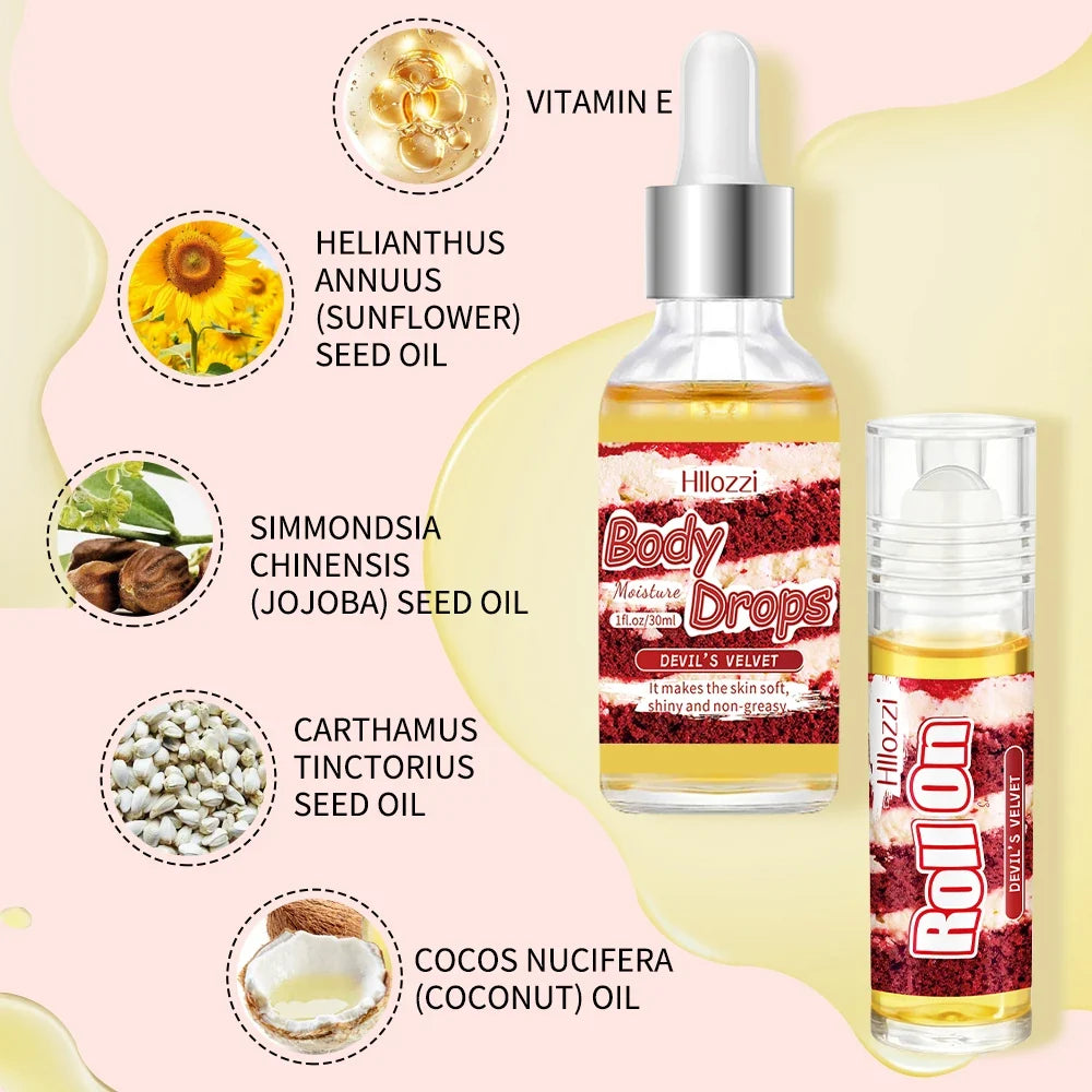 The Devil Velvet Body Oil and Gloss Set includes a free rollerball applicator for long-lasting hydration and moisturizing,