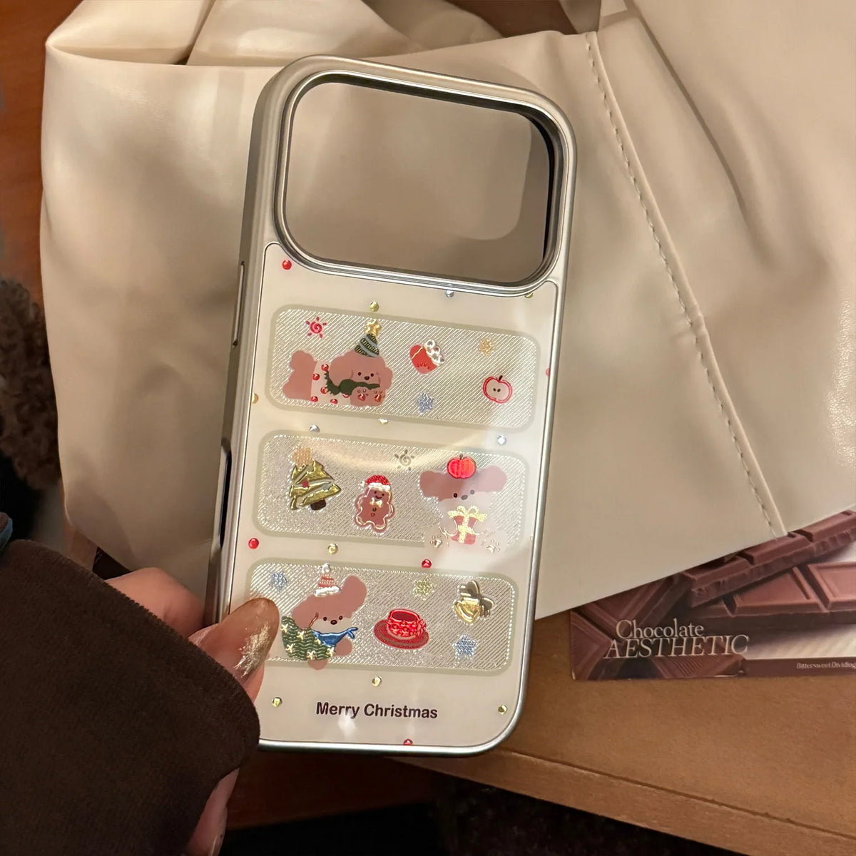 Korean Christmas Style Cartoon Puppy Silver Edge Plating Phone Case For iPhone
