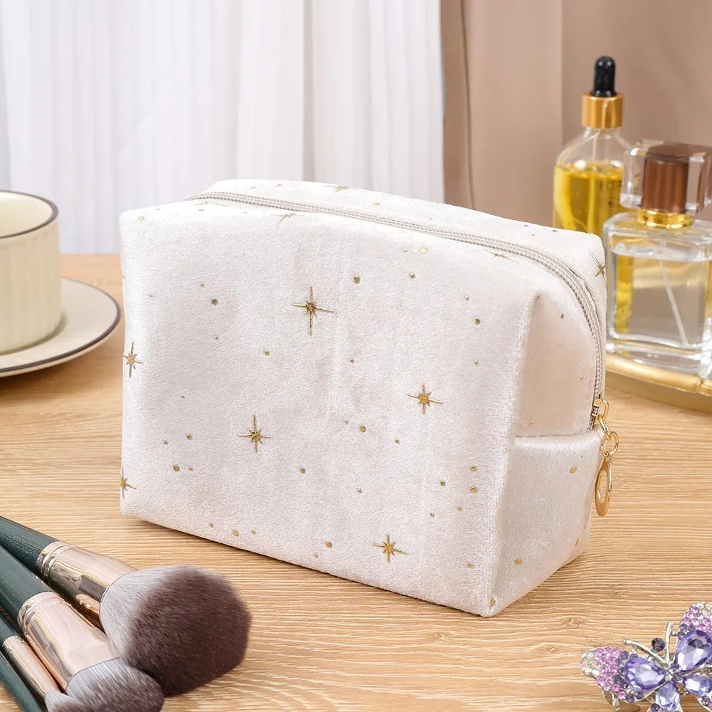 Trendy Large Capacity Corduroy Makeup Bag Travel Printed Toiletry Organizer Bag Makeup Brush Skincare Storage Bag for Women