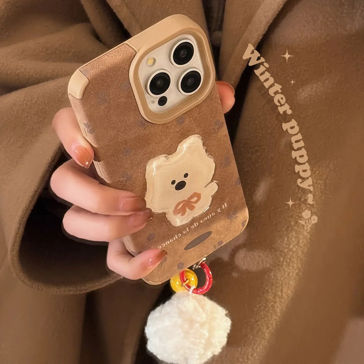 Cute Cartoon 3D White Puppy Flowers Suede Leather Phone Case With Pendants For iPhone