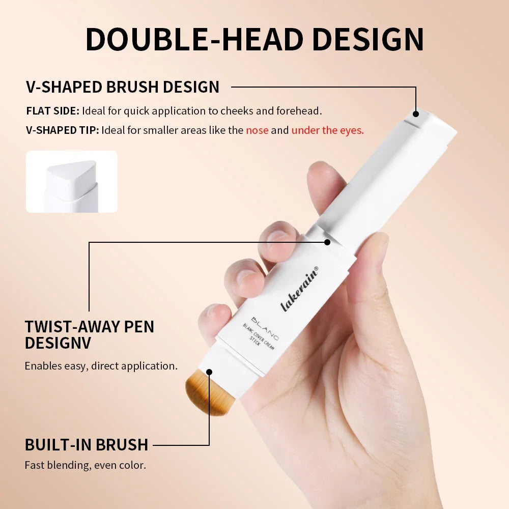 Lakerain Color Changing Foundation Stick Full Coverage Matte Finish Dual-Ended Brush & Stick Waterproof Smooth Foundation Makeup
