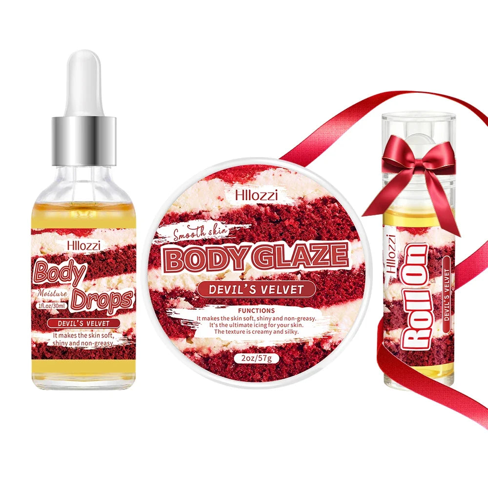 The Devil Velvet Body Oil and Gloss Set includes a free rollerball applicator for long-lasting hydration and moisturizing,