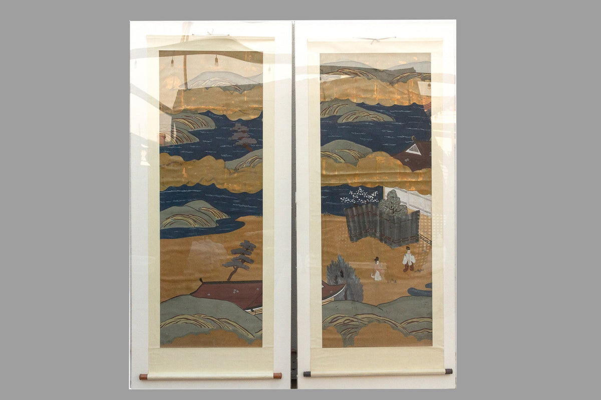 Set of 2, Tall Antique Japanese Nature Scroll Paintings