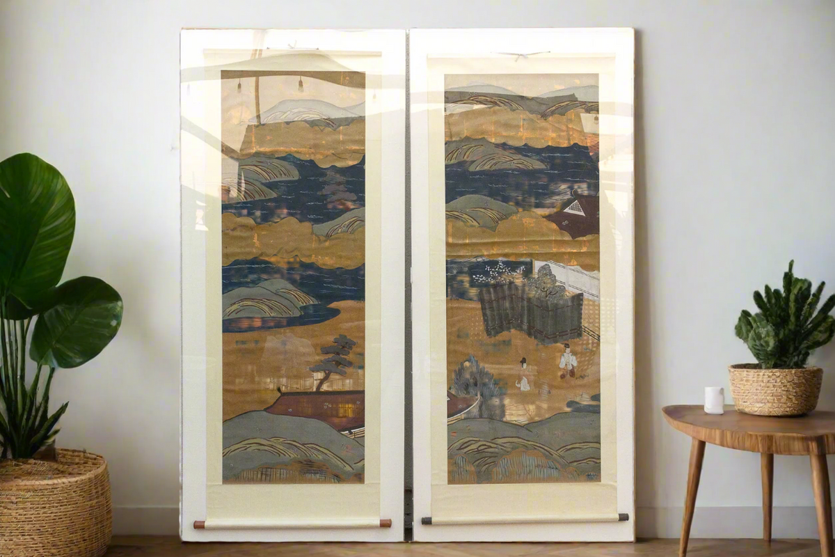 Set of 2, Tall Antique Japanese Nature Scroll Paintings