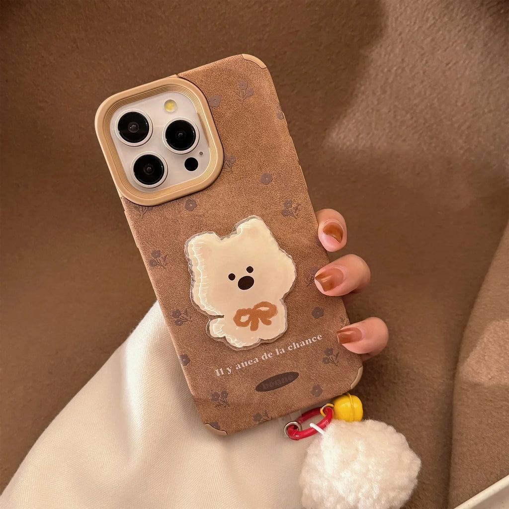 Cute Cartoon 3D White Puppy Flowers Suede Leather Phone Case With Pendants For iPhone