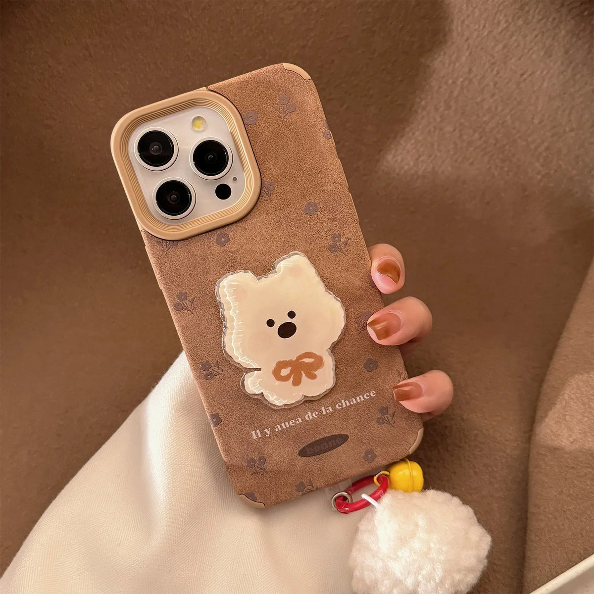 Cute Cartoon 3D White Puppy Flowers Suede Leather Phone Case With Pendants For iPhone