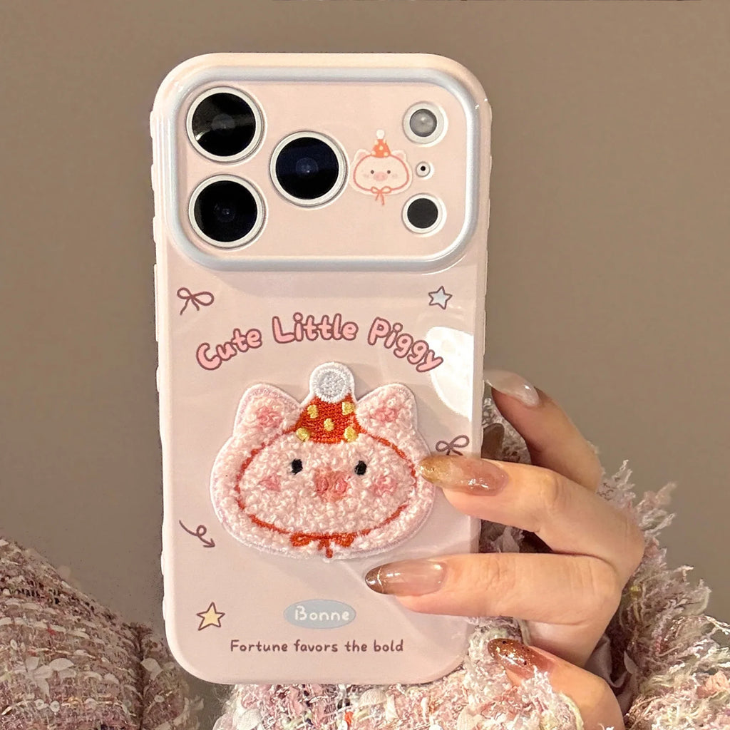 Korean Cartoon Embroidery Cat Pig Animals Plush Couple Phone Case For iPhone