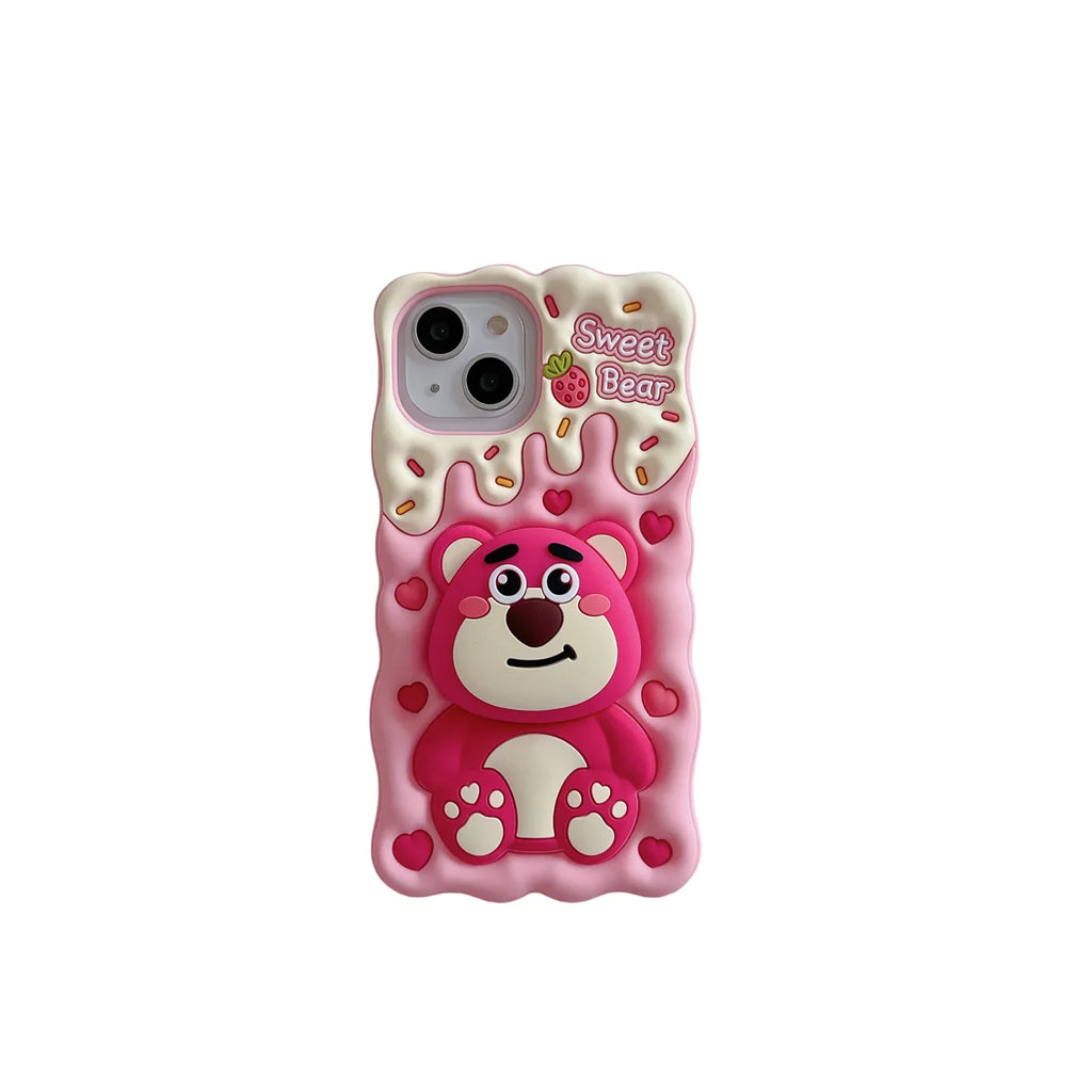 Lotso Strawberry Bear Cheese Face Holder Grip Tok Cartoon Silicon Soft Cover Phone Case