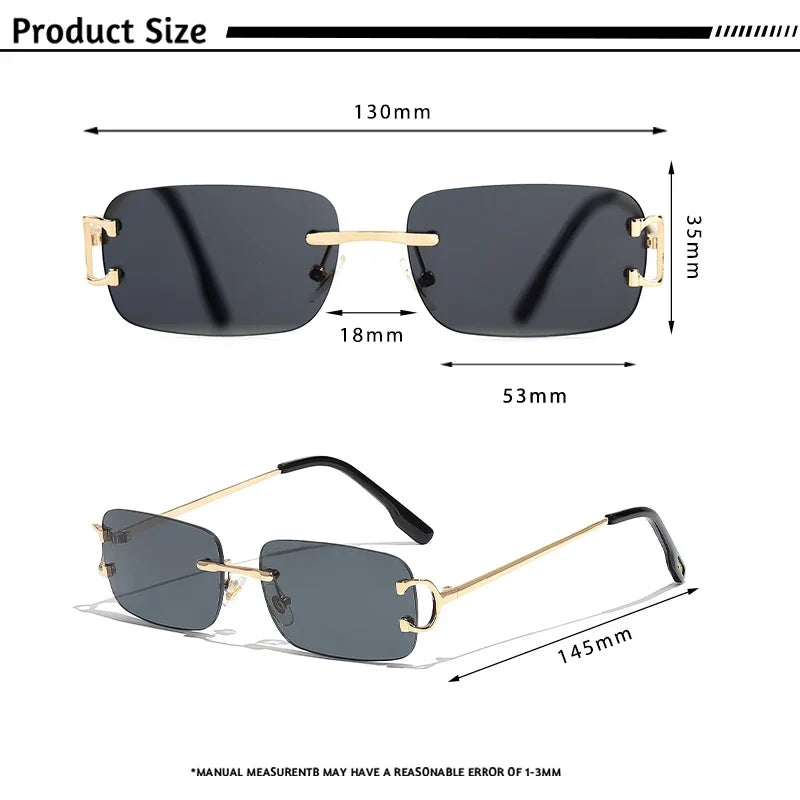 HBK Retro Rimless Sunglasses For Women Men Small Square Gold Frame Brand Design Tea Shades Rectangle UV400 Zonnebril Eyewear