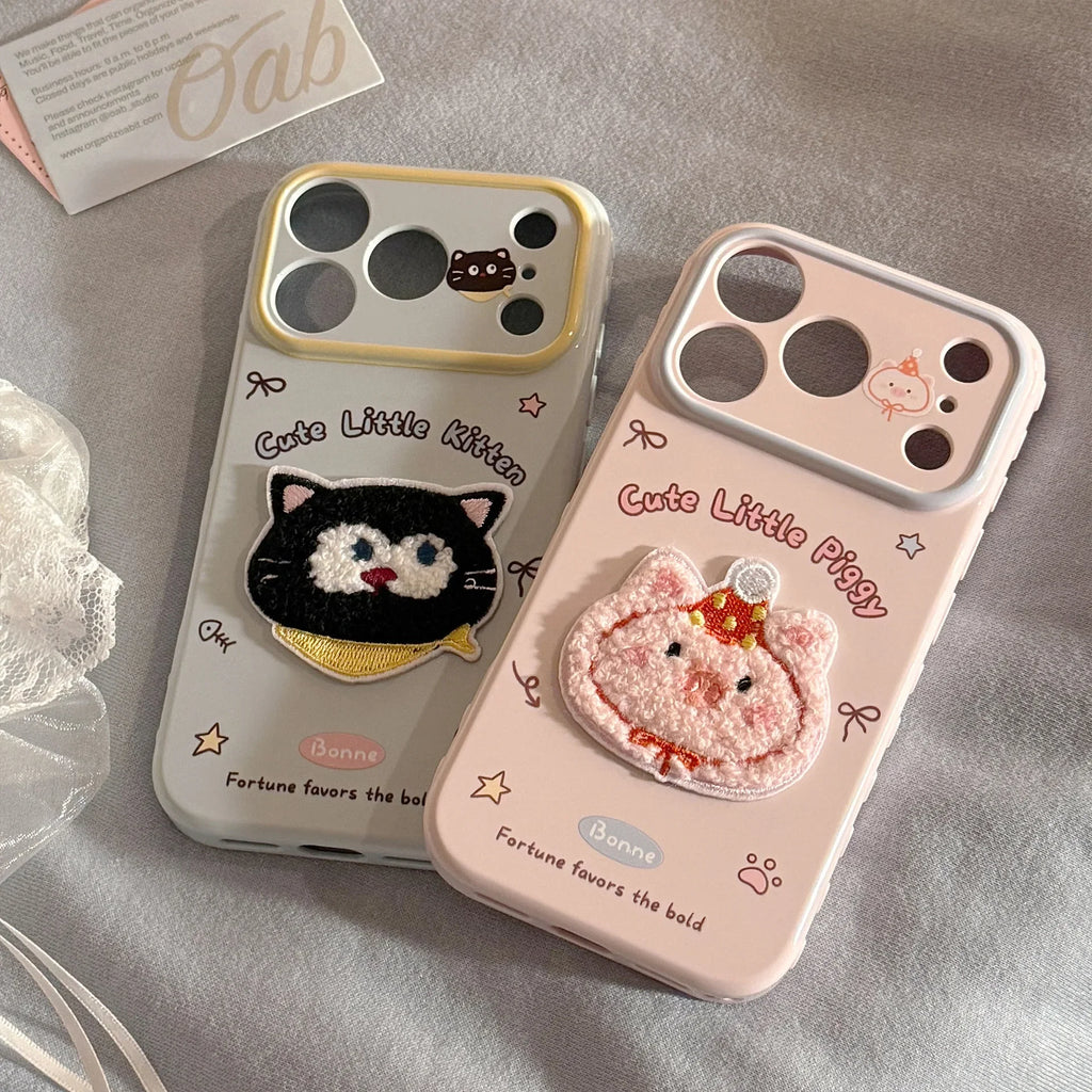 Korean Cartoon Embroidery Cat Pig Animals Plush Couple Phone Case For iPhone