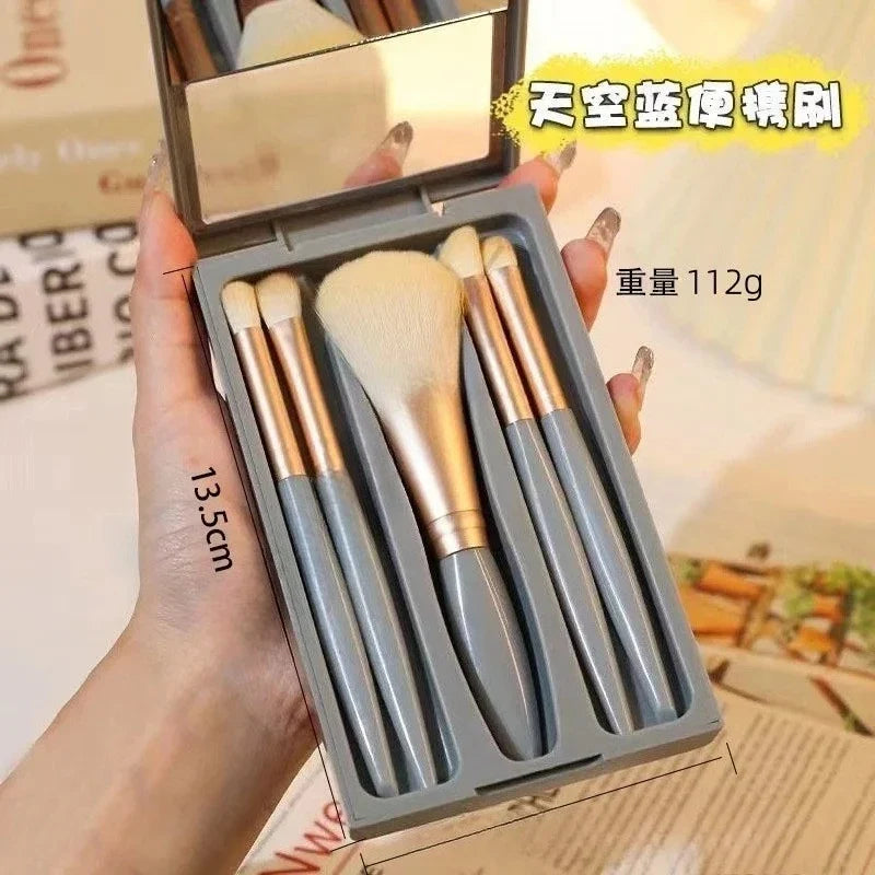 5Pcs Portable Makeup Brush Set With Mirror - Foldable Travel Kit ，Mini Makeup Brush Set Travel Makeup Brush Set