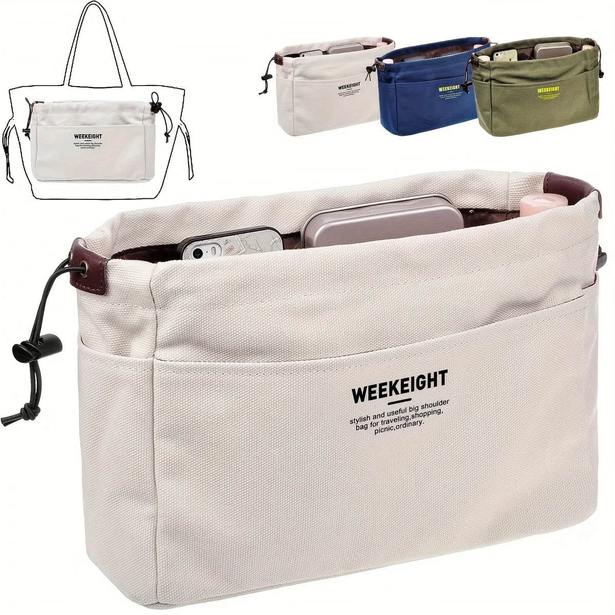 1/2pcs Drawstring Canvas Storage Organizers Multi-Pockets Liner Bag Lightweight Portable Travel Storage Bag