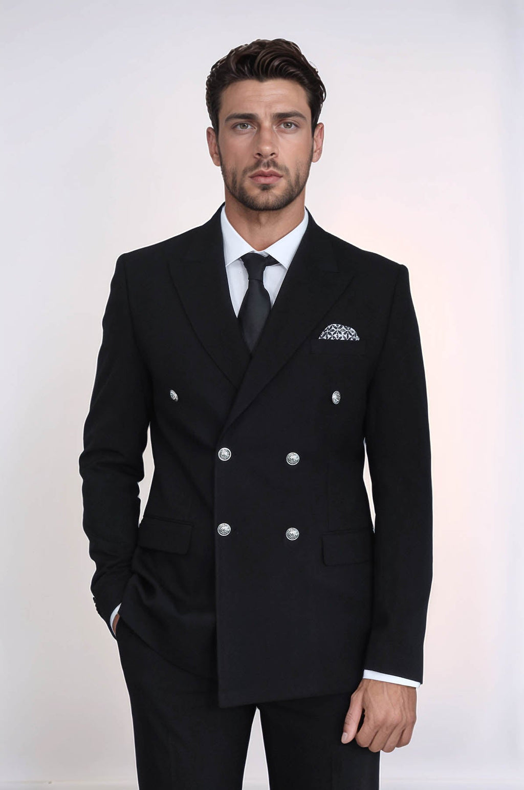 Modern Fit Double-Breasted Black Men’s Suit with Silver-Tone Metal Buttons – Wessi