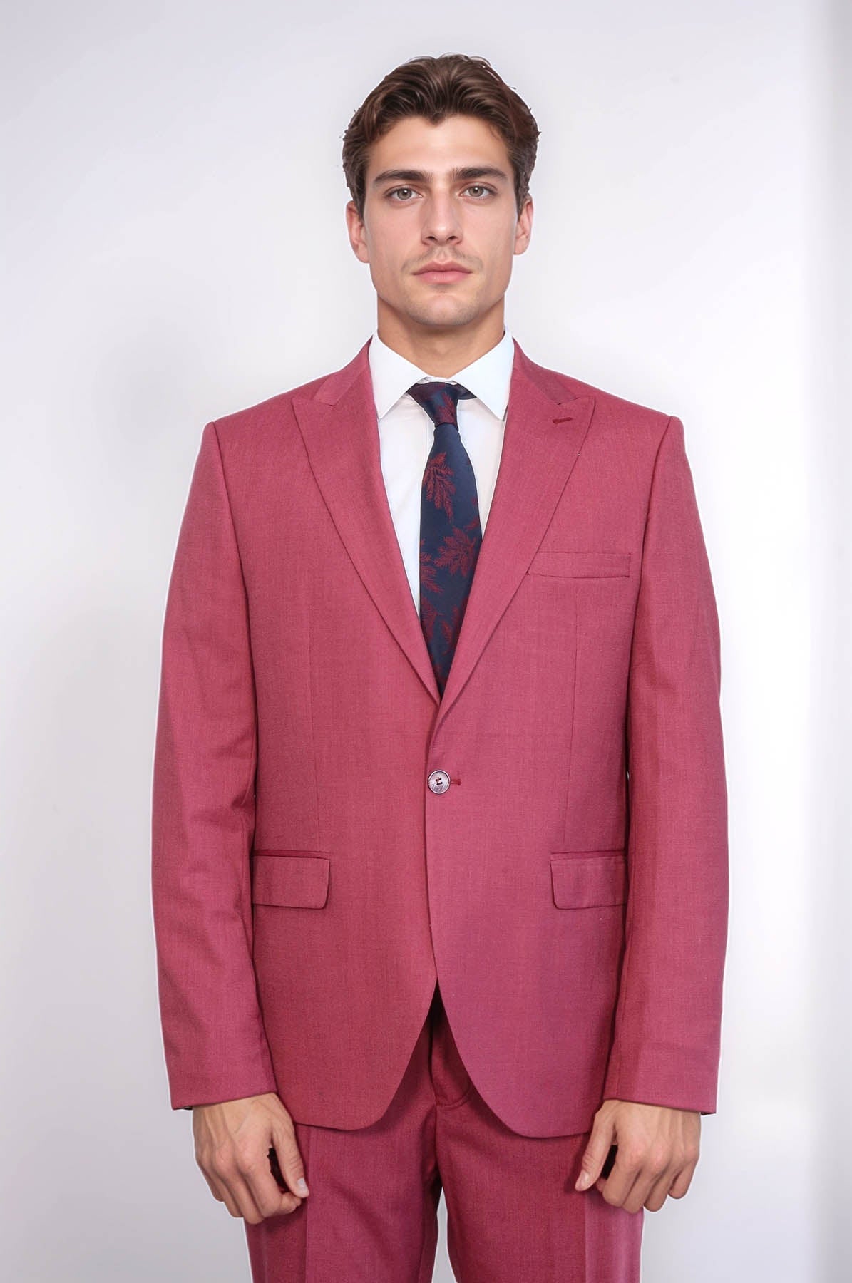 2 Piece Patterned Slim Fit Magenta Men Suit - Wessi