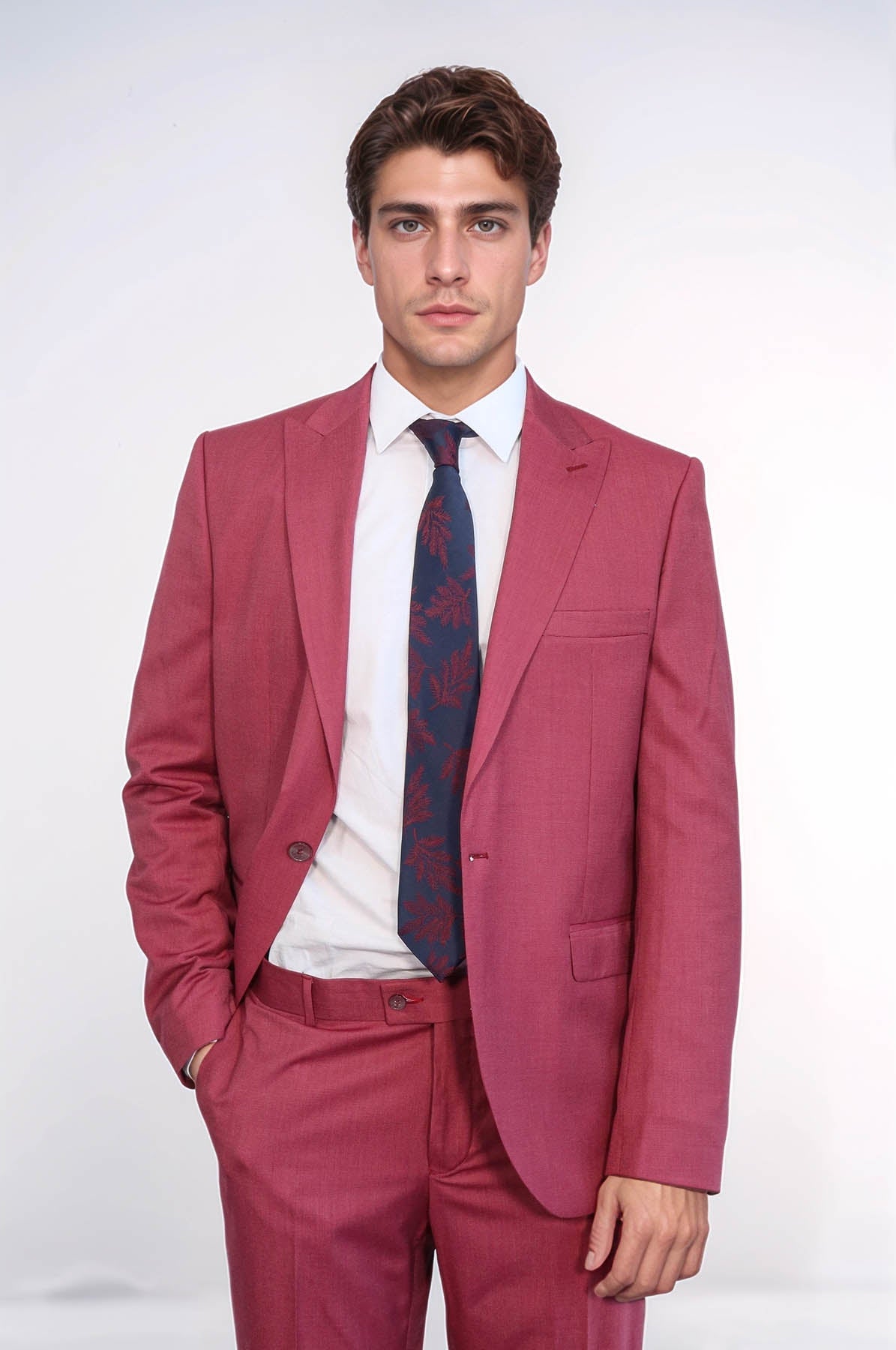 2 Piece Patterned Slim Fit Magenta Men Suit - Wessi