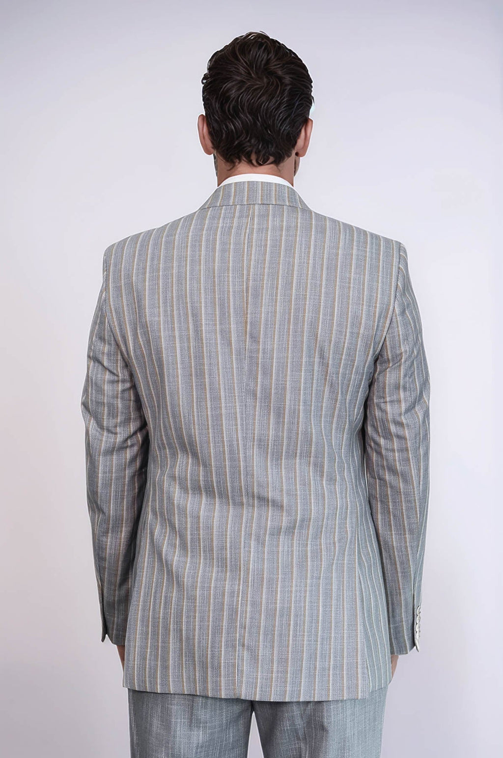 Striped Blazer Plain Pants Grey Men Suit - Wessi
