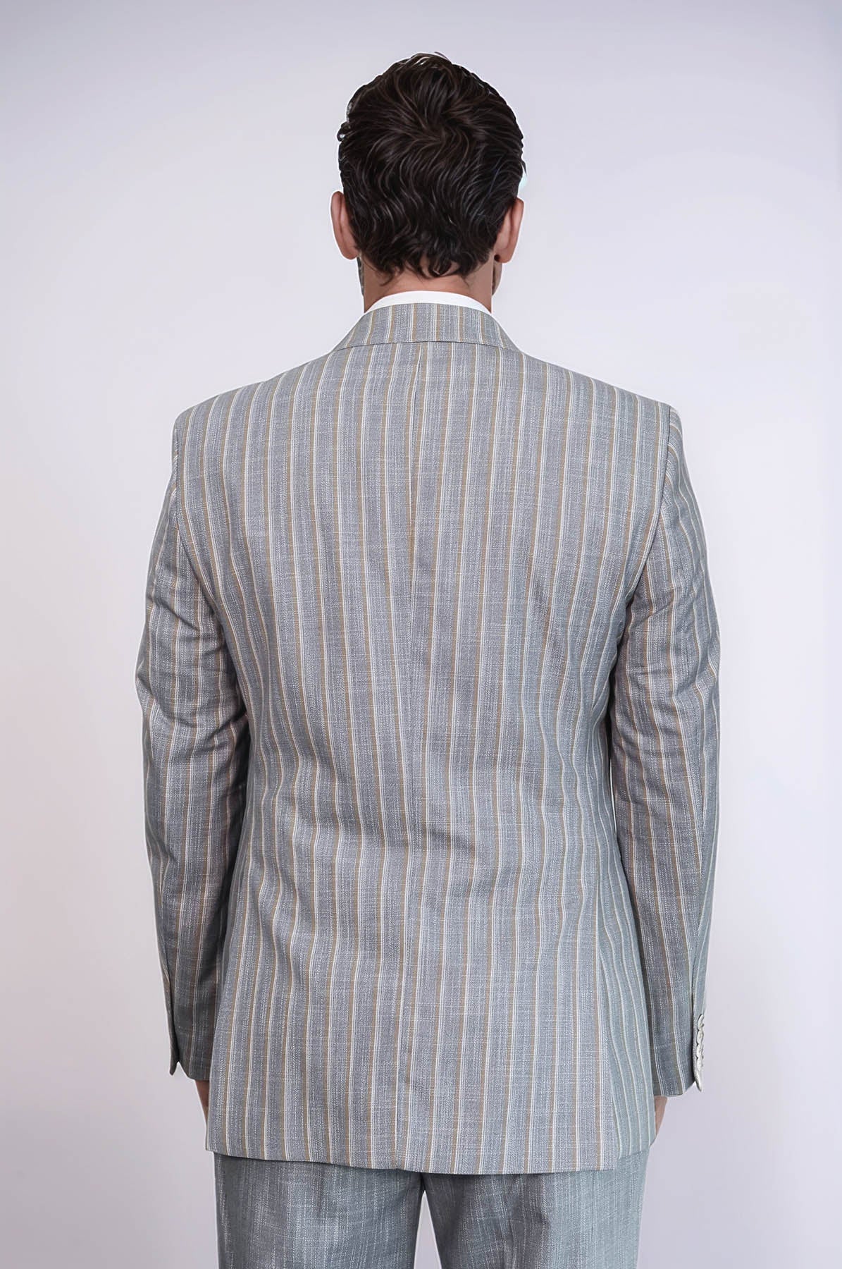 Striped Blazer Plain Pants Grey Men Suit - Wessi