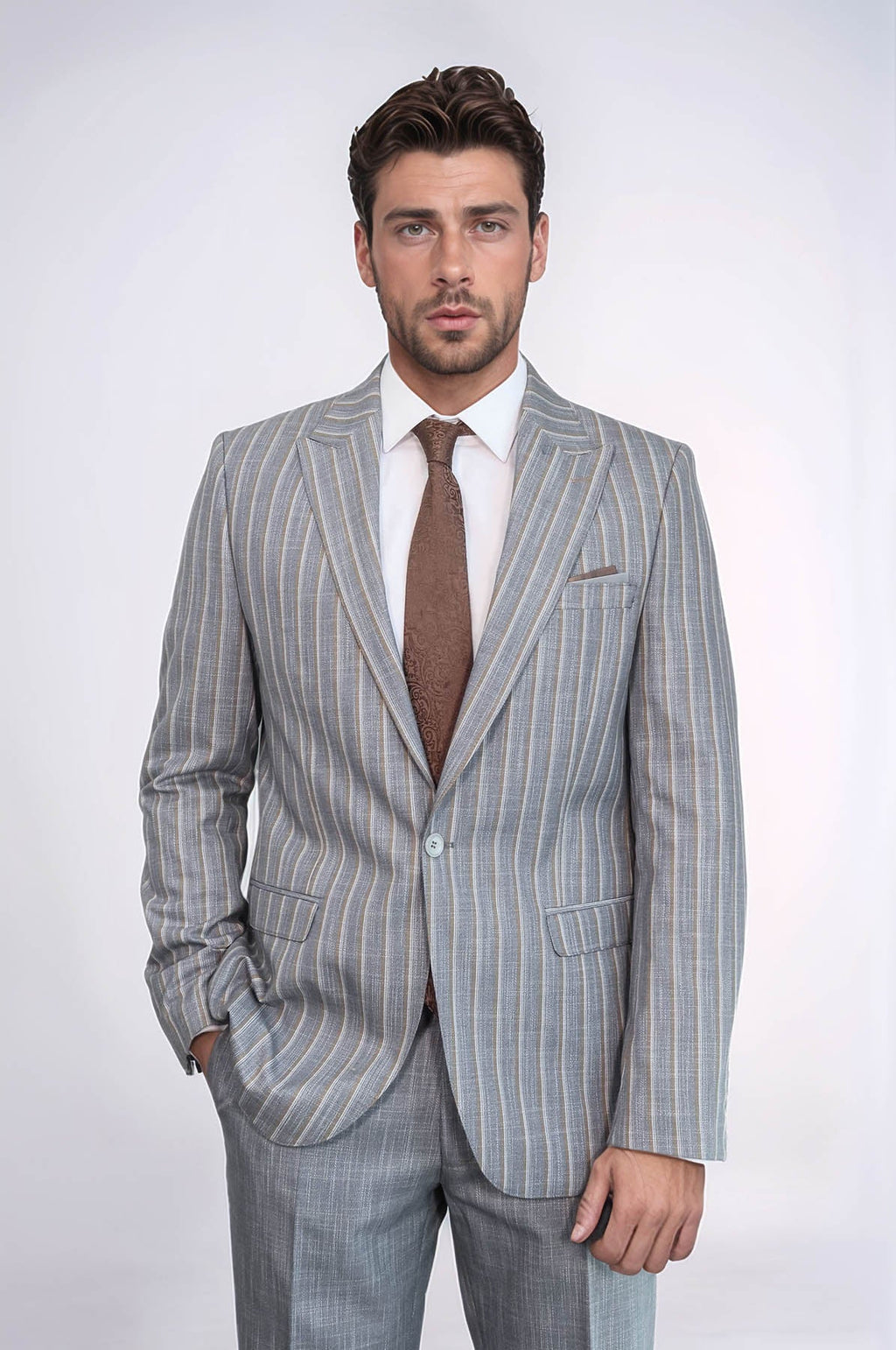 Striped Blazer Plain Pants Grey Men Suit - Wessi
