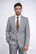 Striped Blazer Plain Pants Grey Men Suit - Wessi